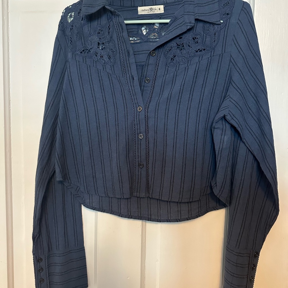 NATURAL LIFE Navy Button Down Cropped Shirt with Lace Details